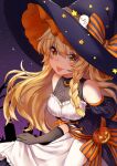  1girl :p absurdres adapted_costume apron bare_shoulders black_gloves black_headwear blonde_hair blush bow braid breasts commentary_request dress elbow_gloves eyebrows_visible_through_hair gloves gradient_sky graveyard hair_between_eyes hat highres holding holding_clothes holding_skirt jack-o&#039;-lantern kirisame_marisa leaning_forward lifted_by_self long_hair medium_breasts mixed-language_commentary night night_sky off-shoulder_dress off_shoulder orange_bow puffy_short_sleeves puffy_sleeves see-through short_sleeves silk single_braid skirt skirt_lift sky solo spider_web star-shaped_pupils star_(sky) star_(symbol) starry_sky striped striped_bow symbol-shaped_pupils symbol_commentary tongue tongue_out touhou touri_tarou_(misconception) upper_body witch_hat yellow_eyes 