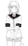  1girl alternate_costume artist_name cowboy_shot dated greyscale kantai_collection kusakasima long_hair looking_at_viewer monochrome necktie parted_lips ponytail sailor_collar sailor_shirt shirt shorts smile solo standing usugumo_(kantai_collection) 