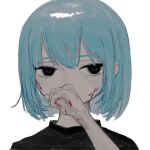  1girl atkm2 black_eyes black_sweater blood blue_hair bob_cut bruise bruise_on_face covering_mouth hand_over_own_mouth hand_up injury looking_at_viewer original short_hair simple_background solo sweater white_background 