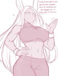  1girl absurdres animal_ears bagelbomb boku_no_hero_academia bracer breasts english_commentary english_text hand_on_hip highres impossible_clothes large_breasts long_hair looking_at_viewer looking_down midriff mirko monochrome muscle muscular_female navel pants rabbit_ears rabbit_girl sketch smile solo standing stomach sweat toned white_background wristband yoga_pants 