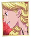  1girl blonde_hair border curly_hair dragon_ball dragon_ball_(classic) from_side green_eyes grin highres long_hair lunch_(dragon_ball) portrait profile red_background sakkan smile solo white_border yellow_border 