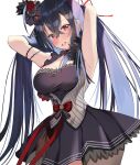  1girl aa44 arms_behind_head azur_lane bangs black_dress black_gloves black_hair black_ribbon breasts crossed_bangs dress gloves hair_between_eyes hair_ornament hair_ribbon highres large_breasts long_hair red_eyes red_ribbon ribbon short_dress sleeveless sleeveless_dress solo taihou_(azur_lane) taihou_(muse)_(azur_lane) twintails very_long_hair 