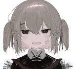  1girl :d atkm2 brown_eyes bruise fang grey_hair injury jitome looking_to_the_side open_mouth original short_hair simple_background smile solo twintails white_background 