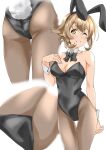  1girl animal_ears black_leotard black_neckwear bow bowtie breasts brown_hair brown_legwear bunny_tail commentary_request cowboy_shot detached_collar highres kantai_collection large_breasts leotard looking_at_viewer maonatten multiple_views mutsu_(kantai_collection) pantyhose playboy_bunny rabbit_ears short_hair simple_background standing strapless strapless_leotard tail thigh_gap white_background wrist_cuffs yellow_eyes 