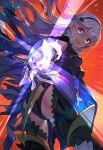  1girl ass black_hairband black_legwear black_leotard blue_cape breasts cape corrin_(fire_emblem) corrin_(fire_emblem)_(female) fire_emblem fire_emblem_fates floating_hair from_behind from_below gauntlets hairband leotard long_hair looking_at_viewer medium_breasts open_mouth panda_inu red_background red_eyes shiny shiny_hair silver_hair solo very_long_hair 