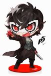  1boy amamiya_ren black_coat black_footwear black_hair black_pants btmr_game chibi coat copyright_name dagger full_body gloves hair_between_eyes holding holding_weapon long_sleeves male_focus mask open_mouth pants persona persona_5 red_eyes red_gloves short_hair signature solo standing weapon 