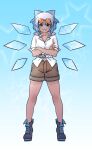  1girl aegir_(tokyo_houkago_summoners) aegir_(tokyo_houkago_summoners)_(cosplay) anchor_earrings aqua_eyes aqua_hair bangs blue_eyes bow brown_shorts character_request check_character cirno cosplay crossed_arms dark_skin dark-skinned_female earrings eyewear_on_head full_body gradient_hair hair_bow highres ina_zuma jewelry multicolored_hair open_clothes open_shirt open_shorts shoes short_hair shorts single_earring sleeves_rolled_up smile thighs tokyo_houkago_summoners touhou white_hair 