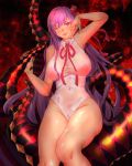  1girl bangs bare_shoulders bb_(fate)_(all) bb_(swimsuit_mooncancer)_(fate) blush breasts dark_skin fate/grand_order fate_(series) hair_ribbon highleg highleg_leotard highres large_breasts leotard long_hair looking_at_viewer neck_ribbon one_eye_closed purple_hair red_ribbon ribbon smile tan tentacles thighs tongue tongue_out umejima very_long_hair violet_eyes white_leotard 