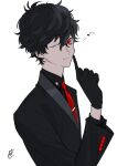  1boy alternate_costume amamiya_ren bangs black_gloves black_hair black_jacket btmr_game copyright_name finger_to_mouth formal gloves hair_between_eyes index_finger_raised jacket long_sleeves male_focus musical_note one_eye_closed persona persona_5 red_eyes red_neckwear signature simple_background solo suit upper_body white_background 