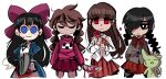  4girls absurdres aya_drevis bangs black_eyes black_hair black_legwear blood bloody_knife blue_dress bow braid brown_hair chainsaw closed_eyes cropped_legs dress empty_eyes flower hair_bow highres holding holding_chainsaw holding_flower holding_knife ib ib_(ib) kitchen_knife knife kurai_yonaka long_hair long_sleeves mad_father madotsuki mogeko_(mogeko_castle) mogeko_castle multiple_girls peargor pink_sweater red_eyes red_flower red_neckwear red_rose red_skirt rose shirt simple_background skirt smile sweater twin_braids white_background white_shirt yume_nikki 