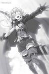  1girl :d artist_name asymmetrical_sleeves belt belt_buckle black_gloves blush boots bow_(weapon) buckle cape closed_eyes dutch_angle elf facing_viewer floating_hair from_below gloves goblin_slayer! greyscale groin high_elf_archer_(goblin_slayer!) highres kannatsuki_noboru long_hair monochrome navel novel_illustration official_art open_mouth outstretched_arms outstretched_hand pointy_ears ponytail short_shorts shorts smile solo standing thigh-highs thigh_boots very_long_hair weapon zettai_ryouiki 