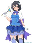  1girl :d absurdres alternate_costume black_hair blue_shirt blue_skirt blush cowboy_shot garter_straps gloves greater_lophorina_(kemono_friends) hair_ornament head_wings highres kemono_friends looking_at_viewer magical_girl medium_hair open_mouth puffy_short_sleeves puffy_sleeves shiraha_maru shirt short_sleeves simple_background skirt smile solo tail thigh-highs twitter_username underskirt wand white_background white_gloves 