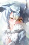  1girl blush coat eyebrows_visible_through_hair feathered_wings feathers fur_collar head_wings highres kemono_friends light_rays long_sleeves melaton multicolored_hair northern_white-faced_owl_(kemono_friends) open_mouth short_hair solo sunbeam sunlight white_hair wings yellow_eyes 