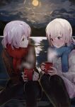  2girls :d :o bangs black_legwear blue_eyes blue_scarf blush clouds cloudy_sky commentary_request cup eila_ilmatar_juutilainen eyebrows_visible_through_hair full_moon grey_hair hair_between_eyes highres holding holding_cup jacket lake long_sleeves looking_at_another looking_to_the_side moon mug multiple_girls night night_sky nose_blush open_mouth outdoors pantyhose parted_lips ramu_(taka1995) red_scarf sanya_v_litvyak scarf sky sleeves_past_wrists smile steam strike_witches water white_jacket world_witches_series 