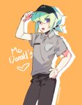  1boy green_hair hand_on_hip instanttnoodle lio_fotia looking_at_viewer low_ponytail male_focus mcdonald&#039;s open_mouth orange_background pants promare simple_background solo uniform v-shaped_eyebrows violet_eyes 