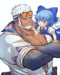  1boy 1girl abs aegir_(tokyo_houkago_summoners) anchor_earrings aqua_eyes aqua_hair bangs bare_pecs beard blue_eyes bow character_request check_character cirno crossed_arms crossover dark_skin dark_skinned_male earrings eyewear_on_head facial_hair fins hair_bow highres ina_zuma jewelry looking_at_another male_focus multicolored_hair muscle mustache on_person open_clothes open_shirt pectorals short_hair single_earring size_difference sleeves_rolled_up smile streaked_hair tokyo_houkago_summoners touhou upper_body white_hair 
