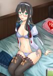  1girl bed black_hair blue_skirt bra breasts glasses green_eyes indoors kantai_collection lace-trimmed_legwear lace_trim long_hair miniskirt navel on_bed ooyodo_(kantai_collection) open_clothes open_shirt oyabun_(higashi) panties pleated_skirt purple_bra purple_legwear purple_panties school_uniform semi-rimless_eyewear serafuku side-tie_panties sitting sitting_on_bed skirt skirt_removed small_breasts solo thigh-highs under-rim_eyewear underwear white_hair 