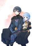  1boy 1girl armor artist_request bags_under_eyes black_armor black_cape black_eyes black_gloves blue_eyes blue_hair braid buttons byleth_(fire_emblem) byleth_eisner_(male) cape closed_mouth commentary_request crown_braid epaulettes eyebrows_visible_through_hair fire_emblem fire_emblem:_three_houses flower garreg_mach_monastery_uniform gauntlets gloves hair_between_eyes holding holding_flower long_skirt long_sleeves looking_at_another marianne_von_edmund short_hair sitting skirt smile uniform white_flower 