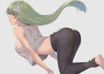  1girl ass barefoot breasts dragon_horns fate/grand_order fate_(series) green_hair grey_background horns kiyohime_(fate/grand_order) large_breasts long_hair looking_back oukawa_yuu pants see-through shirt smile white_shirt yellow_eyes 