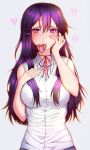  1girl alternate_costume bangs bare_arms bare_shoulders blush breasts casual dead_temple doki_doki_literature_club grey_background hair_between_eyes hair_ornament hairclip hand_on_own_cheek hand_on_own_chest heart highres large_breasts long_hair looking_at_viewer neck_ribbon purple_hair red_neckwear red_ribbon ribbon shirt simple_background sleeveless sleeveless_shirt smile solo upper_body valentine violet_eyes white_shirt yuri_(doki_doki_literature_club) 