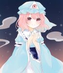  1girl blue_headwear blue_kimono blush closed_mouth commentary_request eyebrows_visible_through_hair gradient gradient_background hat highres hitodama japanese_clothes kimono long_sleeves looking_at_viewer mob_cap night night_sky partial_commentary pink_eyes pink_hair saigyouji_yuyuko short_hair sky smile solo standing star_(sky) touhou triangular_headpiece umi_(nana_spring) upper_body wide_sleeves 