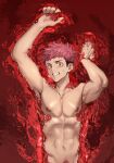  1boy abs arms_up blood brown_hair completely_nude groin itadori_yuuji jujutsu_kaisen male_focus male_pubic_hair mo_si_(z1216150815) multicolored_hair navel nipples nude pectorals pink_hair pubic_hair red_eyes ryoumen_sukuna_(jujutsu_kaisen) short_hair sinking smile solo spiky_hair tagme tattoo toned toned_male two-tone_hair undercut upper_body 