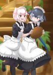  2girls alternate_costume apron back_bow black_dress black_legwear blowhole blue_eyes blush bow brown_eyes center_frills collar commentary_request dress enmaided eyebrows_visible_through_hair frilled_collar frills grey_hair hair_bow high_collar highres kemono_friends kemono_friends_3 maid maid_apron maid_headdress multicolored_hair multiple_girls narwhal_(kemono_friends) pantyhose pig_(kemono_friends) pink_hair puffy_short_sleeves puffy_sleeves short_hair short_hair_with_long_locks short_sleeves tanabe_(fueisei) tray white_apron white_hair 