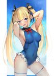  1girl absurdres armpits arms_behind_head azur_lane black_ribbon blonde_hair blue_eyes blue_swimsuit breasts covered_navel dead_or_alive eyebrows_visible_through_hair frilled_swimsuit frills hair_ornament hair_ribbon highres leg_garter long_hair looking_at_viewer marie_rose medium_breasts mr2d one-piece_swimsuit open_mouth ribbon smile solo standing swimsuit thighs twintails very_long_hair wet x_hair_ornament 