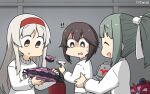  3girls alternate_costume black_hair brown_eyes closed_eyes clothes_removed commentary_request dated grey_eyes grey_hair hairband hamu_koutarou hayasui_(kantai_collection) highres kantai_collection long_hair multiple_girls ponytail red_hairband robot short_hair shoukaku_(kantai_collection) surprised sweater ufo white_hair white_sweater yuubari_(kantai_collection) 