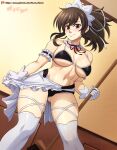  1girl alternate_costume apron arm_garter asuka_(senran_kagura) bikini black_bikini breasts brown_eyes brown_hair enmaided gloves hair_ribbon highres large_breasts maid maid_bikini maid_headdress navel ponytail ribbon senran_kagura solo swimsuit thigh-highs vilde_loh_hocen waist_apron white_apron white_gloves white_legwear white_ribbon 