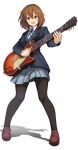  1girl black_legwear blue_jacket blue_ribbon blue_skirt breasts brown_eyes brown_footwear brown_hair electric_guitar full_body guitar hair_ornament hairclip highres hirasawa_yui holding holding_instrument instrument jacket k-on! kyuu_(chiu850513) loafers long_sleeves miniskirt neck_ribbon pantyhose pleated_skirt ribbon sakuragaoka_high_school_uniform school_uniform shadow shoes short_hair skirt small_breasts solo standing 