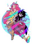  2girls adventure_time black_hair blue_eyes boots denim dress full_body grey_skin halang_rubsas2 highres jeans long_hair marceline_abadeer multiple_girls pants pink_hair pink_skin princess_bonnibel_bubblegum red_eyes shoes sneakers tiara vampire 