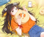  1girl ahoge bell blonde_hair blue_shorts brown_hair closed_mouth eyebrows_visible_through_hair hair_bell hair_ornament highres looking_at_viewer lying multicolored_hair on_back on_bed orange_shirt original pillow s_r2ang shirt short_shorts short_sleeves short_twintails shorts smile solo tam_tambourine thighs twintails yellow_eyes 