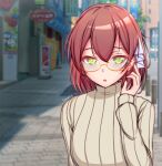 1girl :o alternate_hair_length alternate_hairstyle artist_name bangs beige_sweater bespectacled blurry blurry_background brown_hair commentary day doki_doki_literature_club english_commentary glasses green_eyes hair_ribbon hand_up highres kanarin6 long_sleeves looking_at_viewer monika_(doki_doki_literature_club) open_mouth orange-framed_eyewear outdoors ribbed_sweater ribbon road safe short_hair solo street sweater turtleneck turtleneck_sweater upper_body white_ribbon