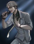  1boy arurandis black_hair bracelet green_shirt grey_background grey_eyes grey_hair grey_suit holding holding_microphone holostars jewelry mabukaaaa male_focus microphone necktie open_mouth shirt simple_background solo standing sweat virtual_youtuber white_neckwear wristband 