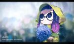  black_border blurry blurry_background border btmr_game closed_mouth coat day domino_mask english_text flower holding holding_flower hood hood_up hooded_coat hydrangea inkling leaf mask outdoors purple_hair rain raincoat solo splatoon_(series) tentacle_hair 