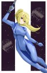  1girl bangs blonde_hair blue_bodysuit blue_eyes bodysuit breasts chaesu floating_hair gun hair_between_eyes highres holding holding_gun holding_weapon long_hair medium_breasts metroid parted_lips samus_aran shiny shiny_clothes shiny_hair solo thigh_gap weapon zero_suit 