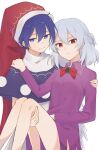  2girls :3 absurdres bare_legs blue_eyes blue_hair breasts bright_pupils closed_mouth commentary_request doremy_sweet dress feet_out_of_frame hand_on_another&#039;s_shoulder hat highres idaku kishin_sagume long_sleeves multiple_girls nightcap no_jacket pom_pom_(clothes) poncho purple_dress red_eyes red_headwear short_hair silver_hair simple_background small_breasts touhou upper_body white_background yuri 