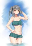 1girl absurdres bangs bare_arms bare_shoulders bikini blue_bikini blush breasts c-da closed_mouth clouds collarbone commentary_request day eyebrows_visible_through_hair grey_hair hair_ribbon halterneck hand_in_hair hand_on_hip highres kantai_collection kasumi_(kantai_collection) layered_bikini long_hair navel outdoors ponytail ribbon sidelocks sky small_breasts solo standing stomach swimsuit wading water wet yellow_eyes 