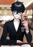  1boy amamiya_ren bangs black-framed_eyewear black_hair black_jacket blue_eyes blurry blurry_background book btmr_game cup disposable_cup drinking_straw frappuccino glasses hair_between_eyes jacket long_sleeves male_focus persona persona_5 school_uniform shuujin_academy_uniform signature smile solo starbucks table 