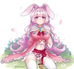  1girl animal_ears blouse capelet choker cowboy_shot dragalia_lost flower hair_intakes kyarotto_(zenkixd) long_hair looking_at_viewer melsa midriff navel petals pink_blouse pink_hair pink_skirt rabbit_ears sitting skirt solo thigh-highs twitter_username violet_eyes white_capelet white_legwear 