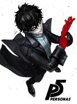  1boy adjusting_clothes adjusting_gloves amamiya_ren bangs black_coat black_hair black_pants btmr_game coat copyright_name gloves hair_between_eyes long_sleeves male_focus mask pants persona persona_5 red_eyes red_gloves signature simple_background solo white_background 