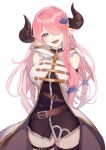  1girl absurdres bare_shoulders belt black_legwear blue_eyes braid breasts commentary_request granblue_fantasy hair_ornament hair_over_one_eye hairclip highres horns large_breasts long_hair looking_at_viewer narmaya_(granblue_fantasy) peki_gbf pink_hair pointy_ears single_braid single_thighhigh skindentation sleeveless solo thigh-highs thigh_strap thighs tied_hair white_background 