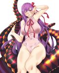  1girl bangs bare_shoulders bb_(fate)_(all) bb_(swimsuit_mooncancer)_(fate) blush breasts fate/grand_order fate_(series) hair_ribbon highleg highleg_leotard highres large_breasts leotard long_hair looking_at_viewer neck_ribbon one_eye_closed purple_hair red_ribbon ribbon simple_background smile tan tentacles thighs tongue tongue_out umejima very_long_hair violet_eyes white_background white_leotard 