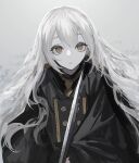  1girl black_cloak cloak closed_mouth double-breasted es-ther grey_background long_hair long_sleeves looking_at_viewer necktie original pale_skin silver_hair simple_background solo sword weapon white_hair yellow_eyes yellow_neckwear 