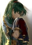  1girl backlighting blood bloody_clothes blue_dress clenched_teeth crying delsaber dress earrings fire_emblem fire_emblem:_the_blazing_blade green_hair highres holding holding_clothes jewelry long_hair lyn_(fire_emblem) ponytail scratches teeth 