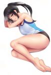  1girl bangs bare_arms bare_legs bare_shoulders barefoot black_hair black_panties blue_eyes blue_shirt blush breasts closed_mouth commentary_request full_body huyumitsu long_hair looking_at_viewer lying on_side original panties ponytail shirt simple_background solo sweat tank_top underwear white_background white_shirt 