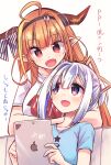  2girls ahoge amane_kanata apple_inc. bangs black_bow black_hairband blonde_hair blue_eyes blue_hair blunt_bangs blush bow bowtie breasts bright_pupils clothes_writing coach colored_inner_hair commentary_request doukyo&#039;s dragon_girl dragon_horns eyebrows_visible_through_hair fangs gradient_eyes hair_between_eyes hair_ornament hairband halo highlights highres hikawa_shou holding holding_tablet_pc hololive horn_bow horns ipad kiryuu_coco long_hair looking_at_another medium_hair multicolored multicolored_bow multicolored_eyes multicolored_hair multiple_girls open_mouth orange_hair pointy_ears ponytail pp_tenshi_t-shirt red_eyes shirt silver_hair simple_background sitting smile streaked_hair striped tablet_pc tied_hair translation_request violet_eyes virtual_youtuber white_bow 
