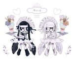  2girls alternate_costume artist_name black_dress black_eyes black_hair black_vs_white boots bow bowtie btmr_game domino_mask dress english_text enmaided fang food garter_straps hair_ribbon heart highres holding holding_tray ice_cream long_hair maid maid_headdress mask multiple_girls open_mouth pointy_ears ribbon simple_background splatoon_(series) striped striped_neckwear tentacle_hair thigh-highs tray white_background white_dress white_eyes white_footwear white_hair white_legwear 