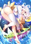  1girl ass barefoot blue_eyes blue_sky blush breasts feet fishing fishing_hook genshin_impact halo leotard leotard_pull looking_at_viewer open_mouth paimon_(genshin_impact) single_thighhigh sky soles sydus thigh-highs toes water watermark wedgie white_hair 